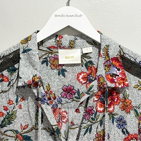ANTHROPOLOGIE MAEVE Women’s Ivory Black Polka Dot Floral Peasant Blouse Size 4 - Picture 3 of 8